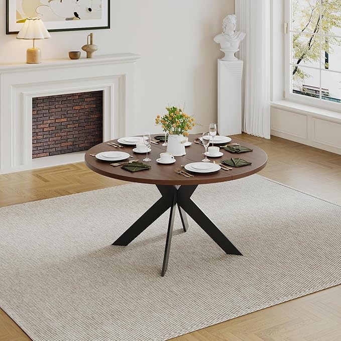 Walnut Round Dining Table Set for 4, Mid-Century Modern Kitchen Table and Chairs, Small Space Dining Room Furniture for Apartment, Breakfast Nook or Studio (Boxwood-Dining Table Only)