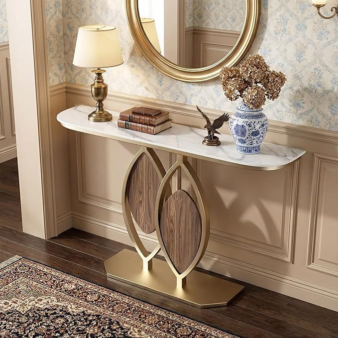 Stone Console Table Gold for Entryway, Modern Foyer Table Sofa Tables Narrow Long Stone Top for Living Room, Hallway Decor, Creative Styling(White,59"x11.8"x31.5")