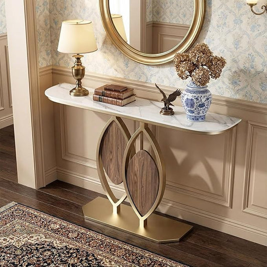 Stone Console Table Gold for Entryway, Modern Foyer Table Sofa Tables Narrow Long Stone Top for Living Room, Hallway Decor, Creative Styling(White,39.3"x11.8"x31.5")