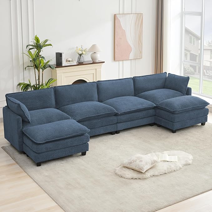 ROWHY Oversized Modular Sectional Couch with 2 Movable Ottoman, 148" Modern Convertible U Shaped Sofa Set, 4 Seat Comfy Cloud Couch with 2 Throw Pillows, for Living Room, Chenille, Royal Blue