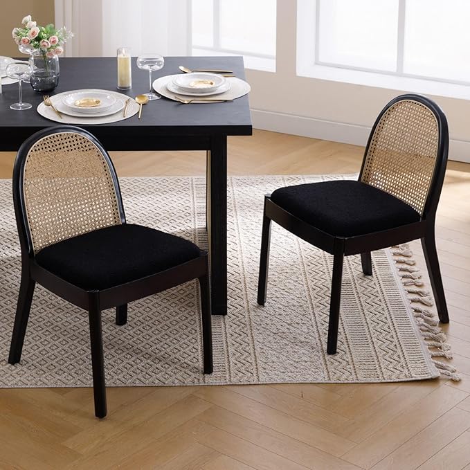 LukeAlon Modern Sherpa Dining Chairs Set of 8, Natural Woven Rattan Cane Back Side Chairs with Solid Wood Legs Mid Century Dinner Chairs for Kitchen Living Room, Black