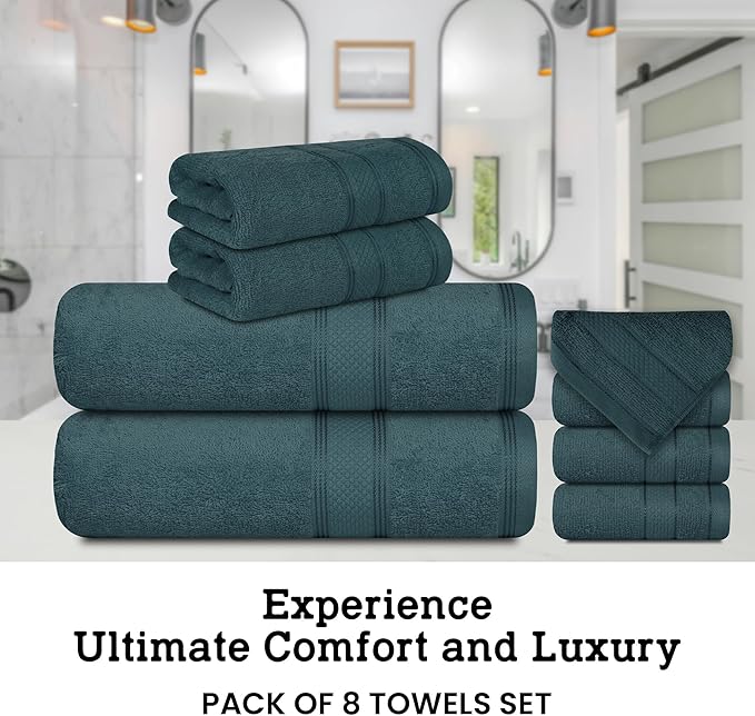 Casa Lino Bath Towel Set of 8 (2 Bath Towels, 4 Wash Cloths & 2 Hand Towels for Bathroom) - 100% Cotton - Highly Absorbent & Quick Dry - Guest Room Essentials for Bathroom Set - (Teal)