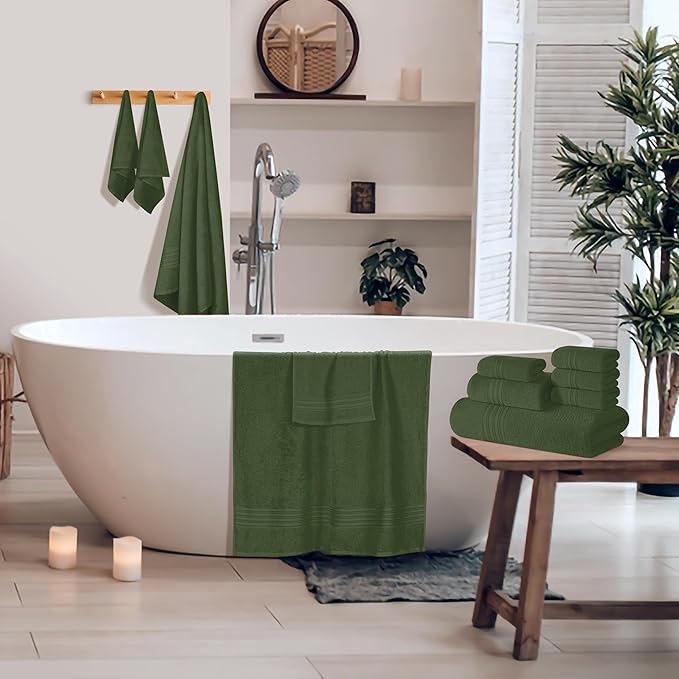 BOUTIQUO 100% Cotton Towel Set, Contains 4 Soft Bath Towel, 6 Hand Towels, 8 Wash Cloths - Compact Absorbent Lightweight & Quickdry Towels for Bathroom - 18 Piece Bathroom Towel Set - Olive Green