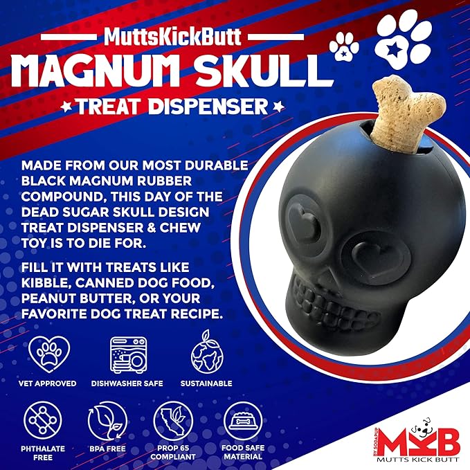 SodaPup MuttsKickButt Skull – Durable Dog Treat Dispenser & Chew Toy Made in USA from Non-Toxic, Pet Safe, Food Safe Natural Rubber for Mental Stimulation, Problem Chewing, Calming Nerves & More