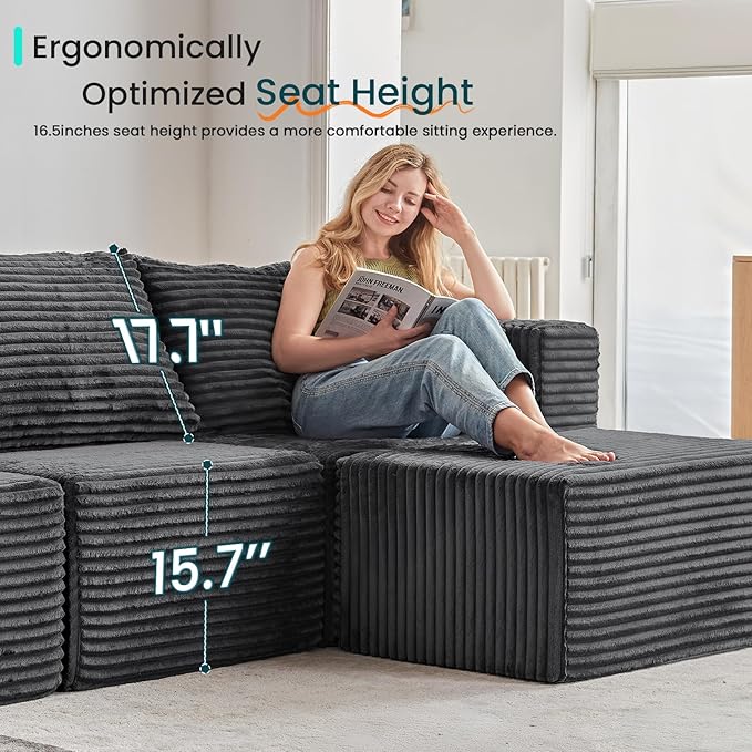 156" U Shaped Cloud Couch Sectional Modular Sofa with Deep Seat, 7 Seater Corduroy Couches, Boneless Couch with Removable Ottoman, Sectional Couches for Living Room, No Assembly Required, Grey