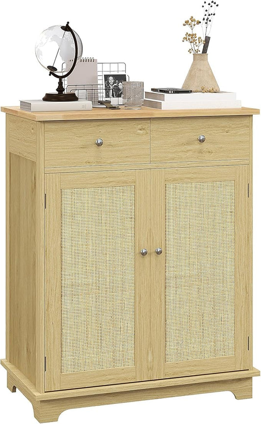 HOMCOM Sideboard with Solid Wood Countertop, Modern Kitchen Storage Cabinet, Coffee Bar Cabinet with 2 Drawers, Doors and Adjustable Shelf, Natural Rattan