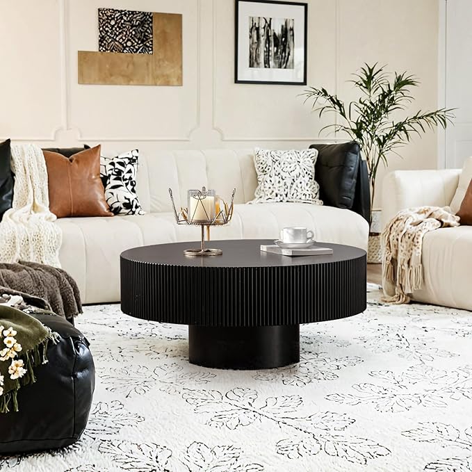 30.91" Round Drum Coffee Tables Modern Handcraft Drum Coffee Table Circle Coffee Table with Sturdy Pedestal, Fluted Wood Coffee Tables Accent End Table for Living Room,Black Thickened