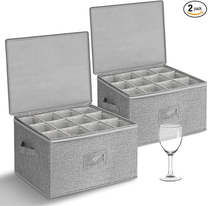 punemi Wine Glass Storage Box, Glassware Storage Containers W/Rigid Top Side Bottom Support & Padded Dividers, Stackable Stemware Storage Case for 24 China Crystal Glasses Drinkware, Moving Supplies