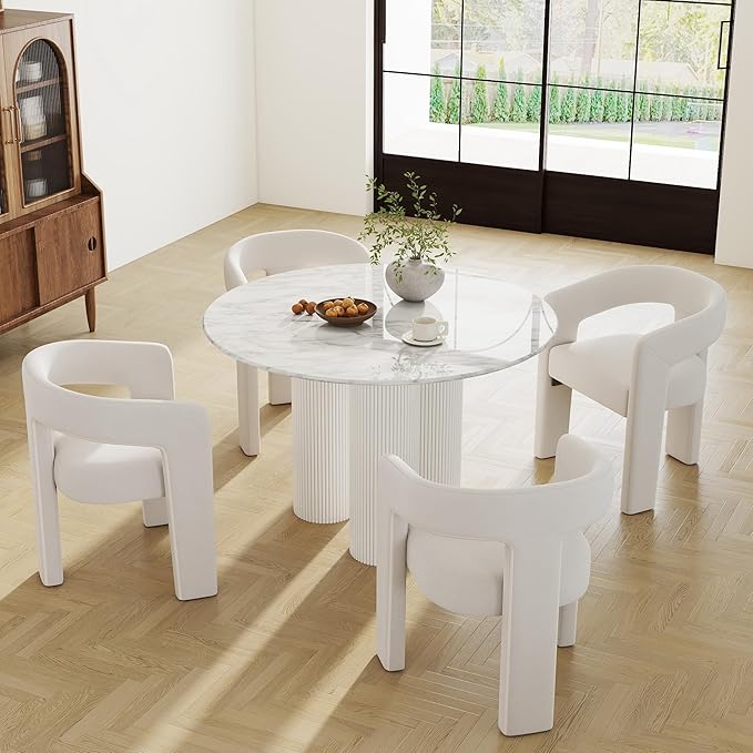 Modern Barrel Dining Chairs Set of 4, Velvet Upholstered Accent Side Chair with Arms Comfy Makeup Vanity Chairs, Dining Living Room Kitchen Chairs, Beige