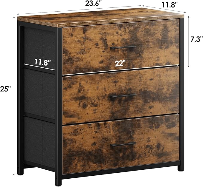 Nightstand, End Table, Bedside Table, Small Tall Dresser for Bedroom with 3 Storage Drawer, Chest of Drawers Fabric Dressers with Steel Frame, Wooden Top & Front for Living Room