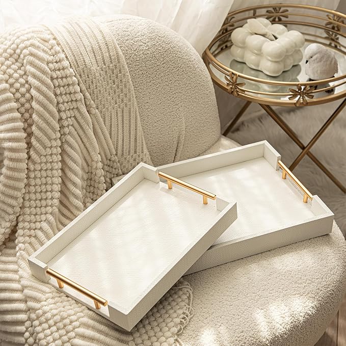 2 Piece Woven Leather Ottoman Tray with Gold Handles, Perfect Rectangular Serving Tray for Living Room, Coffee Table Tray as Thoughtful Gift for Home Decor Enthusiasts (White)