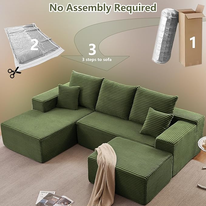 107" U-Shape Cloud Couch, Modern Modular Sectional Comfy L-Shape Sofa with Ottoman, Deep Seat, Upholstered Corduroy Sleeper Chaise Longue for Living Room Bedroom, No Assembly Required, Green