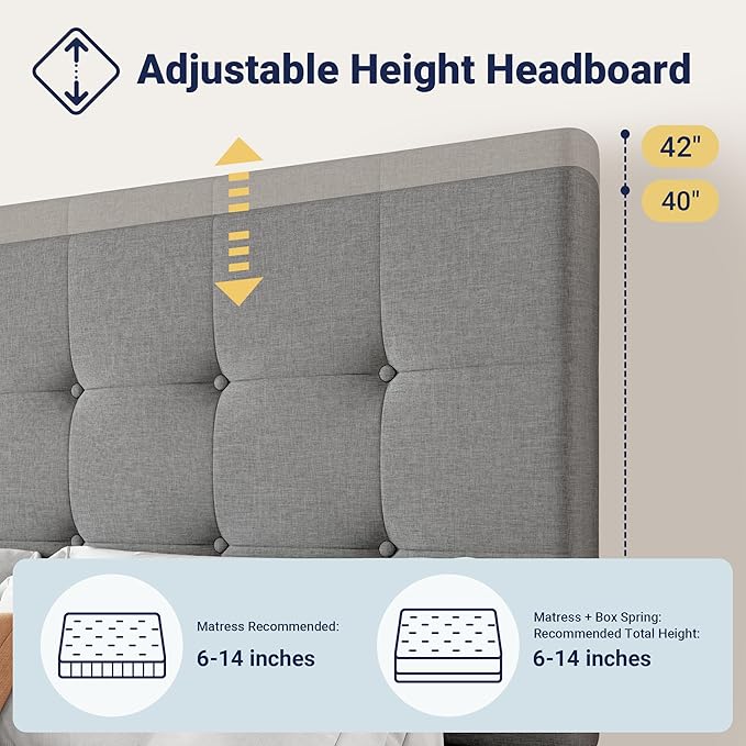 Allewie Upholstered Full Size Platform Bed Frame with 4 Storage Drawers and Headboard, Square Stitched Button Tufted, Mattress Foundation with Wooden Slats Support, No Box Spring Needed, Light Grey