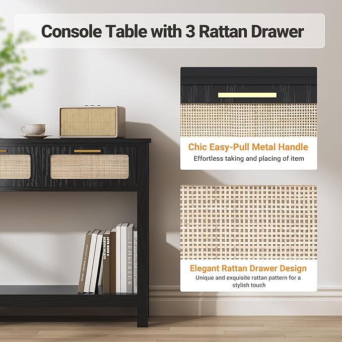 ELYKEN 51.2" Black Console Tables for Entryway, Rattan Entryway Table with 3 Drawer & Shelf, Narrow Long Sofa Table for Behind Couch Hallway, Entrance Entry Living Room