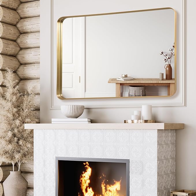 Gold Metal Deep Frame Mirror - 30" x 48" Rectangular Wall Mounted Vanity Mirror for Bathroom, Bedroom, Living Room & Entryway Decor
