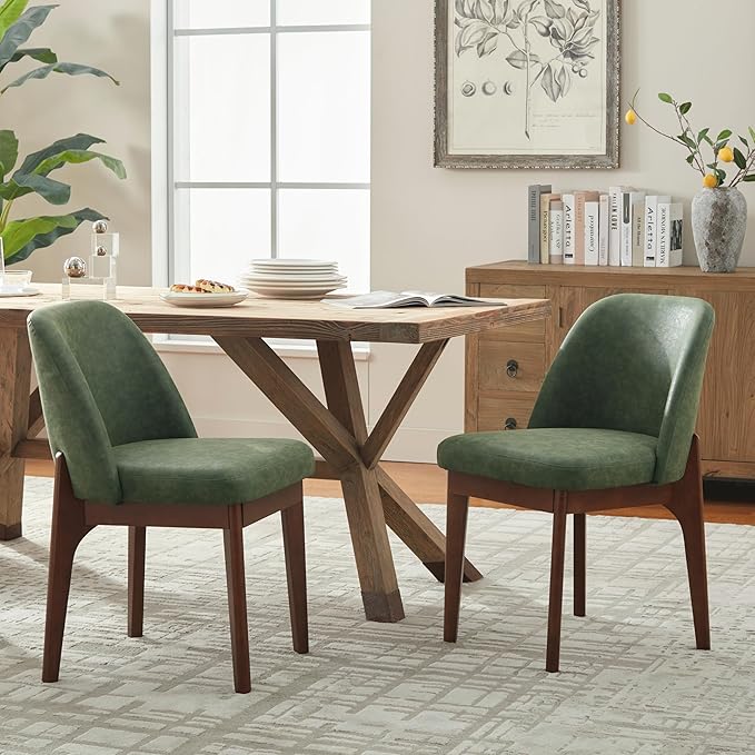 VKNOW Modern Dining Chairs Set of 2, Faux Leather Kitchen Chairs with Wood Legs, Upholstered Side Chair for Kitchen Dining Room, Green