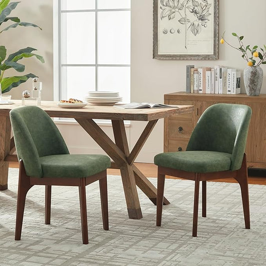 VKNOW Modern Dining Chairs Set of 2, Faux Leather Kitchen Chairs with Wood Legs, Upholstered Side Chair for Kitchen Dining Room, Green