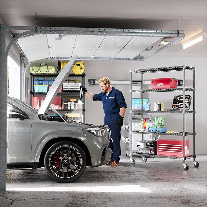 IZEUK Heavy Duty Garage Shelving, 5 Tier Wide Metal Storage Shelf Rack, Adjustable Utility Organizer for Basement, Garage, Black, 23.6" D x 53.1" W x 73.6" H