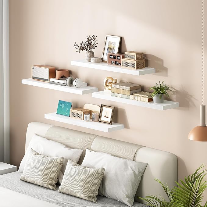 HOOBRO Floating Shelves for Wall, Wall Mounted Shelf Set of 2, 31.5" Hanging Shelf with Invisible Brackets, for Wall in Bathroom, Bedroom, Toilet, Kitchen, Living Room, Office, White WT80BJP201