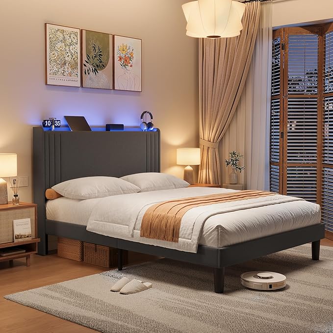 Gizoon Queen Bed Frame with Charging Station and LED Lights,Upholstered Wingback Platform Bed with Wooden Slats,Noise-Free,No Box Spring Needed