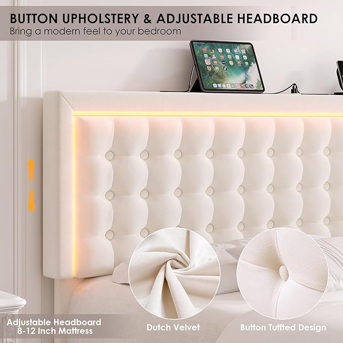 HIFIT Upholstered LED Bed Frame Queen Size with Charging Station and 4 Storage Drawers, Velvet Button Tufted Queen Platform Bed with Adjustable Headboard, No Box Spring Needed, Easy Assembly, Beige