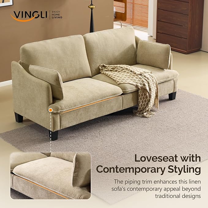 VINGLI 84" W Oversized Comfy Two Seat Love Seat, 37" Extra Deep Seat Piping Design Loveseat Couch with Two Pillows, Linen Fabric Modern Small Sofa for Small Living Room, Bedroom, Khaki