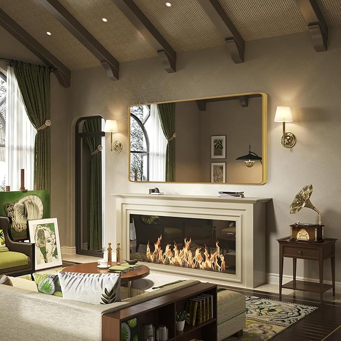 Gold Framed Mirrors for Bathroom,60 x 30 Inch Rounded Conner Rectangle Mirror for Wall, Matte Gold Vanity Mirror with Tempered Glass,Anti-Rust,Hangs Horizontally or Vertically