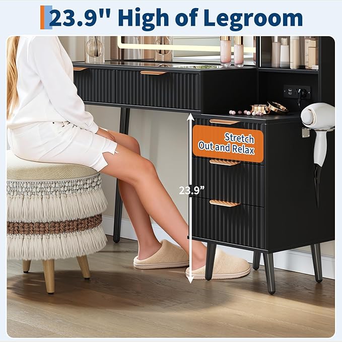 GarveeHome Fluted Makeup Vanity Desk with Lights, 48" Big Vanity with Glass Top and Large 36" HD Lighted Mirror, Modern Dressing Table with 5 Drawers 3-Tier Shelves Set w/Charging Station (Dark Grey)