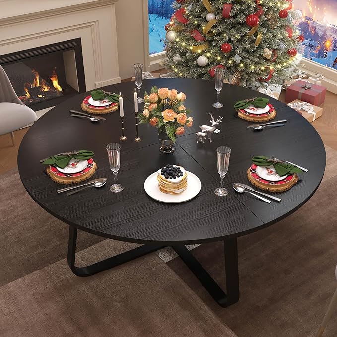 LVB Black Round Dining Table for 6 to 8, 60” Modern Wood Metal Kitchen Table, Industrial Large Dinner Room Table, Circle Dining Table for Home Gathering Living Room