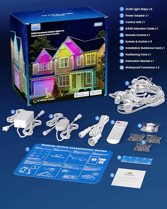 Gefolly Permanent Outdoor Lights Pro, 150ft with 90 RGBW Double-LED Lights 111 Scene Modes for Daily, Halloween, Christmas, IP67 Waterproof for Outdoor Decor, Works with Alexa, Google Assistant, White