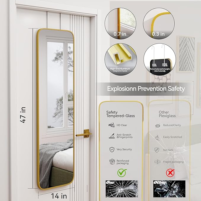 47x14 Mirror Full Body Length Door Hanging/Rope Hang/Wall Mounted Metal Frame Rectangle Mirrors for Bedroom Bathroom Dressing Living Room 47 inch Gold