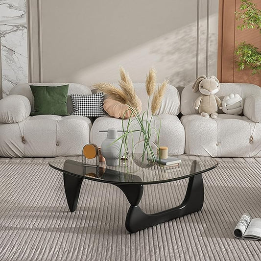 EASYSOUL Modern Glass Coffee Table, 44.88" D x 32.28" W x 15.75" H, Abstract Round Tea Tables for Living Room Home Office Industrial Cocktail Tables (Black-Clear Glass, 44.88")
