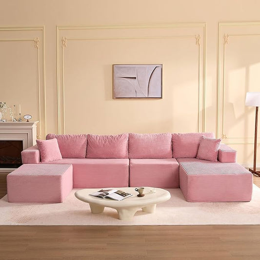 138" Boneless Couch with Deep Seat, Modular Sectional Sofa, Cloud Sectional Couch for Living Room, No Assembly Required, Corduroy, U-Shape 4 Seater Right, Pink