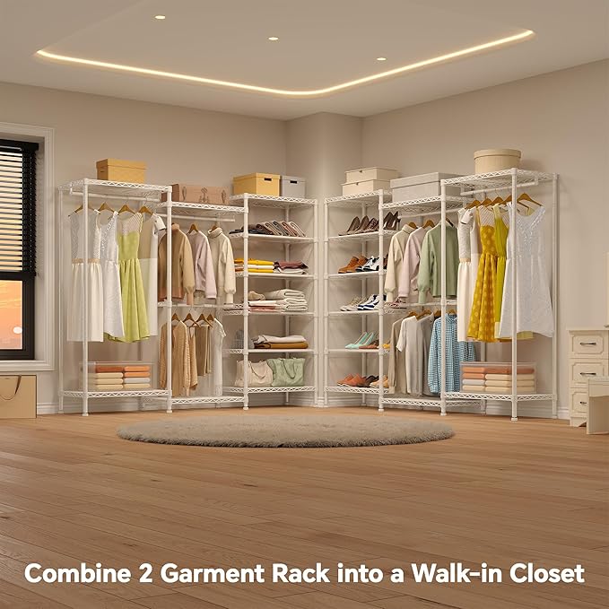 H12 Heavy Duty Clothes Rack with Adjustable 5-Tier Shoe Rack, Metal Clothing Racks for Hanging Clothes, Freestanding Shoe Organizer Large Garment Racks, 15.7" D x 68.7" W x 76.4" H, White