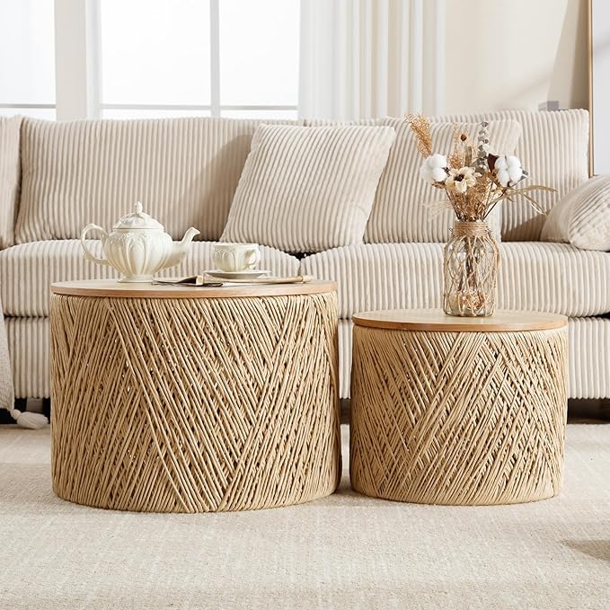 Kmax 24" Round Wood Nesting Coffee Table Set of 2 Handcraft Woven & Rope Rattan Sofa Tables Both with Storage Drum End Side Table for Small Space Living Room No Assembly Needed, Natural Color