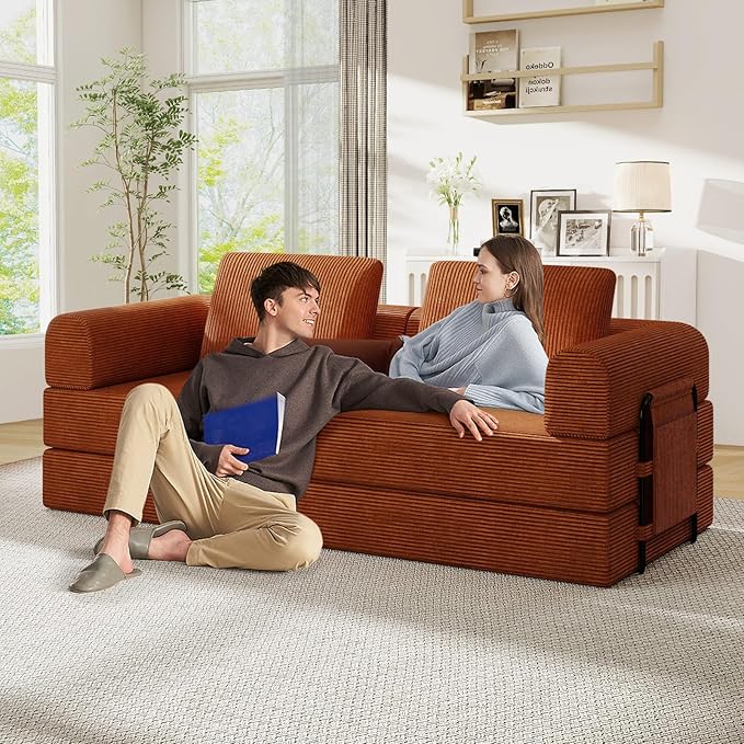 Antetek Convertible Sofa Bed, Comfy Corduroy Fluffy Love seat Sleeper Sofa, 5 in 1 Folding Couch Bed, Fold Out Floor Couch with Pillows for Bedroom, Living Room, Office, Pinstripe, Orange