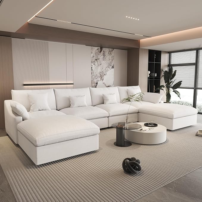 WJShome Cloud Couch Modular Sectional for Living Room, Down Filled 160" U Shaped Couch with Ottoman,Modern 6 Seater Convertible Couches, Sofa Covers Washable&Replaceable,White