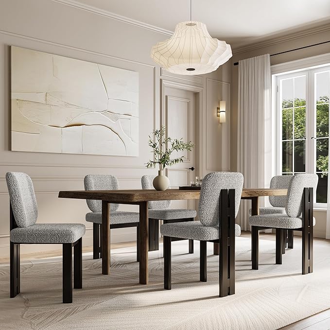 Modern Boucle Dining Chairs Set of 4, Farmhouse Sherpa Upholstered Wooden Kitchen Chairs with Back, Side Armless Dining Room Chairs with Wood Legs for Kitchen Restaurant, Gray