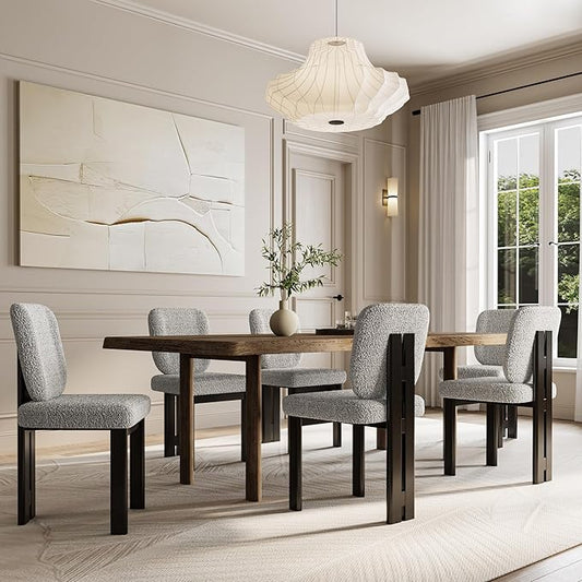 Modern Boucle Dining Chairs Set of 6, Farmhouse Sherpa Upholstered Wooden Kitchen Chairs with Back, Side Armless Dining Room Chairs with Brown Wood Legs for Kitchen Restaurant, Gray