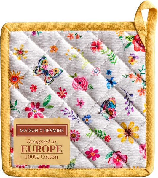 Maison d' Hermine Pot Holders 100% Cotton Heat Resistant Potholders 8" x 8" Hot Pads with Loop BBQ, Cooking, Grilling, Kitchen, Handling Hot Pans Spring/Summer (Pack of 1, Happy Florals - Sweety)