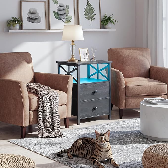 AMHANCIBLE Nightstand with Fast Charging Station, End Table Living Room with USB Charger 3-Port & 2-Power Outlet, Bedside Table with Fabric Drawers for Bedroom HET052LBK1