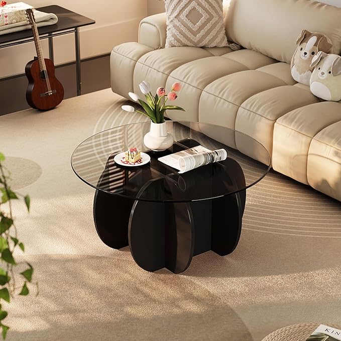 Coffee Table for Living Room Mid Century Modern Round Center Table with Glass Top, Black