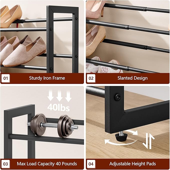 FAVOOSTY 3-Tier Expandable Shoe Rack, Adjustable Shoe Shelf Storage Organizer Space Saving Metal Free Standing Shoe Rack for Entryway Closet Doorway, Black