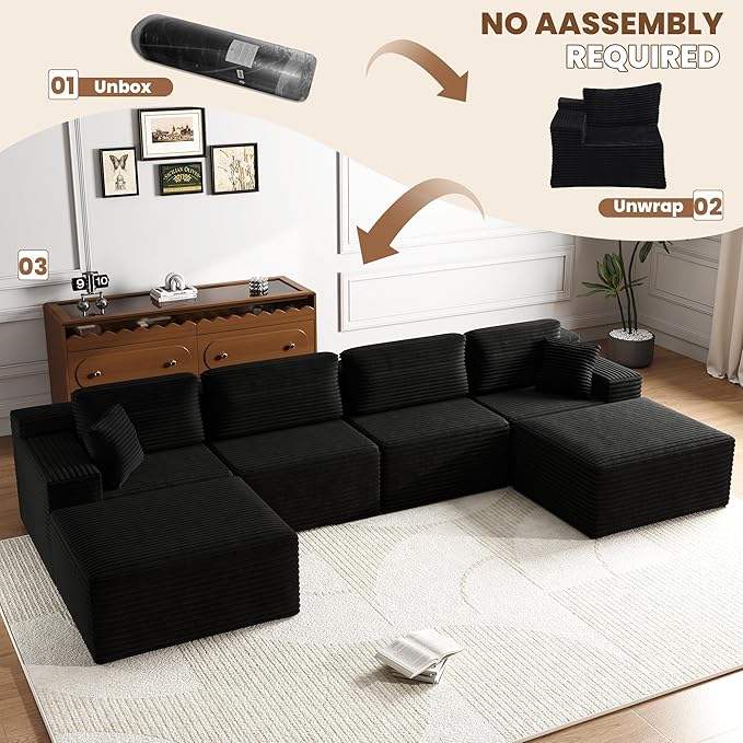 Balshaw 108" Cloud Sectional Couch Sofa with L-Shape Chaise, Modern Modular Sofa Couch Upholstered Couches for Living Room Bedroom, No Assembly Required (Black, U Shape)