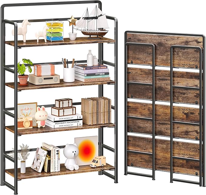 4NM No Assembly Extra Wide 4 Tiers Folding Bookshelf Storage Shelves Vintage Bookcase Standing Racks Study Organizer Home Office (Rustic Brown Black)