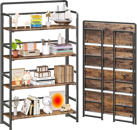 4NM No Assembly Extra Wide 4 Tiers Folding Bookshelf Storage Shelves Vintage Bookcase Standing Racks Study Organizer Home Office (Rustic Brown Black)
