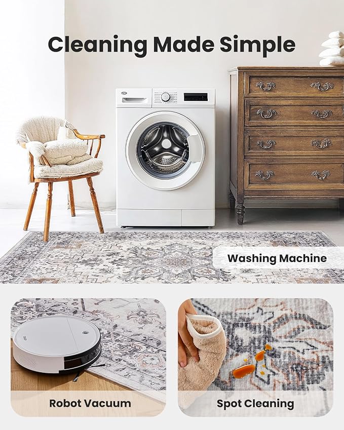 AMADA HOMEFURNISHING 6x9 Area Rugs, Blue Low-Profile Washable Rug with Non-Slip Backing & Durable Edge Binding, Vintage Rugs for Living Room, Bedroom, Dinning Room