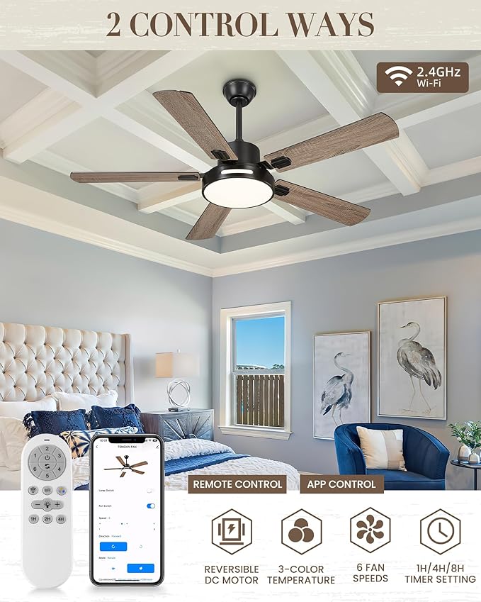 TENGXIN 52 Inch Ceiling Fan With Lights and Remote Control, Farmhouse Fandelier with 5 Reversible Blades,6 Speeds,Ultra Silent,APP Control,TXCF-BK002