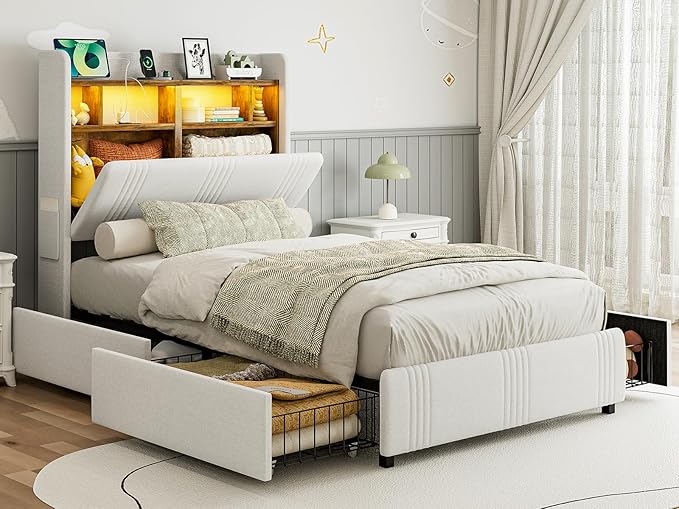 IKIFLY Twin XL Bed Frames with Hidden Storage Headboard & 4 Drawers, 49.2” Tall Upholstered Wingback Headboard with LED Lights and Charging Station, No Box Spring Needed, Solid Wood Slats, White