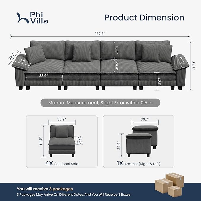 PHI VILLA Cloud Modular Couches Sets, 157.5" Sectional Sofa with Upholstered Deep Seat, 4-Seater Long Couches for Living Room Apartment, Corduroy Fabric, Grey